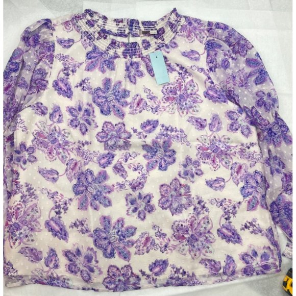 LOFT Women Petite Floral Clip Smocked Puff Sleeve Blouse Large - Picture 5 of 16